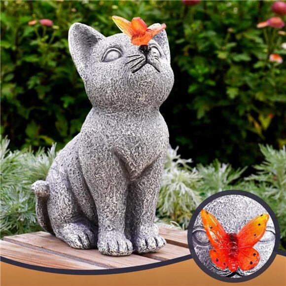 Solar Cat Garden Statue - Outdoor Cat Statue with Solar Butterfly - Picture 2 of 8